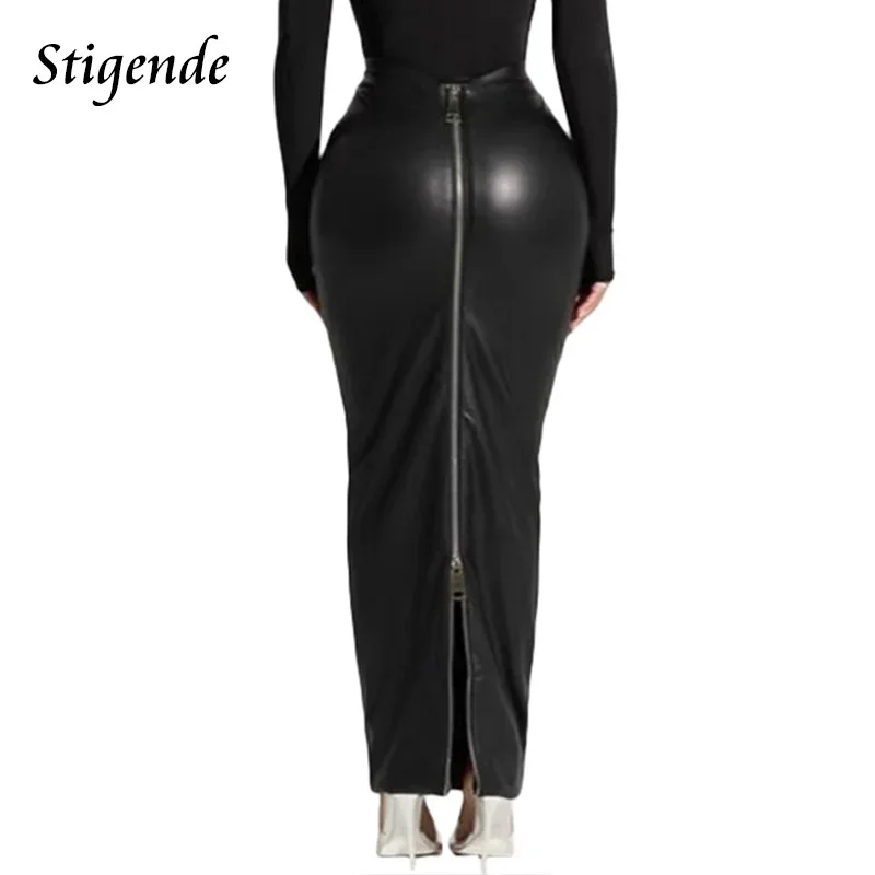Stigende Sexy Pu Leather Full Zipper Long Skirt Women High
