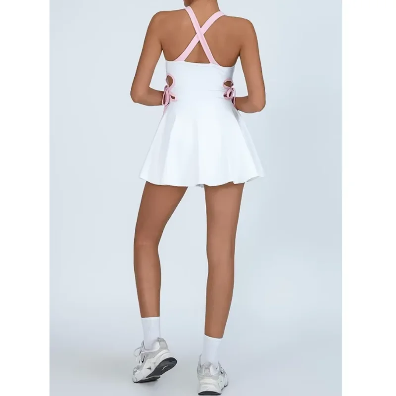 Tennis Dress Women with Separate Shorts White Contrast Hollowed Out Drawstring Side Sports Yoga Dress Training Running Fitness