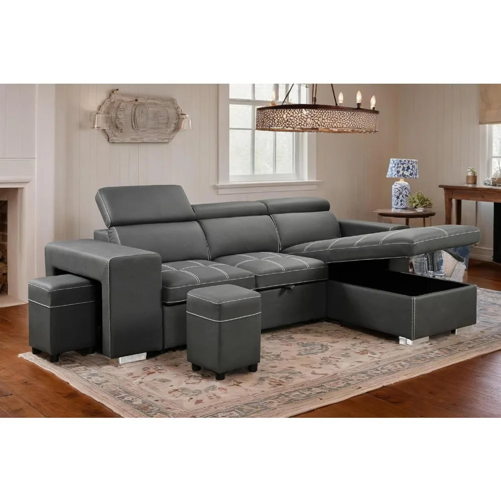 Description Picture 5 of itemSectional Sleeper Sofa with Pull-Out Bed, Chaise & Storage Ottoman 5 Seater L-Shaped Couch with Adjustable Headrest and Stools