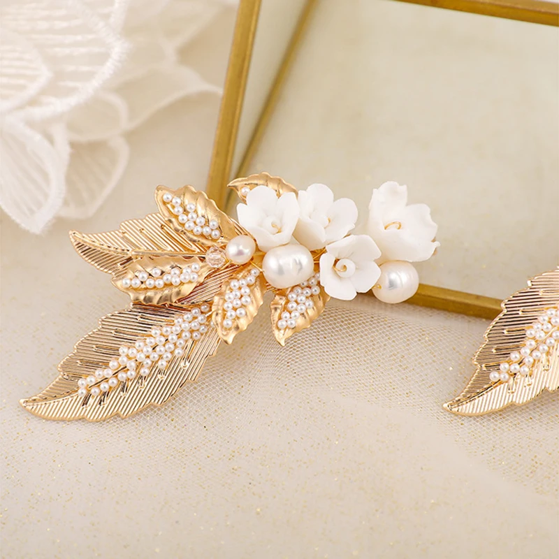 2pcs/lot Ceramic Flower Hairpins Metal Leaf Freshwater Pearl Hair Clips for Women Bridal Wedding Hair Accessories Bride Jewelry