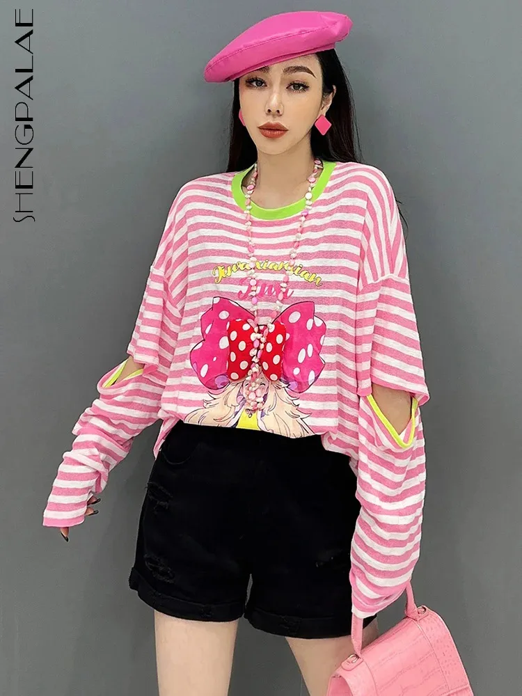 

SHENGPALAE Fashion Striped T-shirt For Women Cartoon Printed Hollow Out Full Sleeve Casual Loose Tees Spring 2024 New Top 5R9425