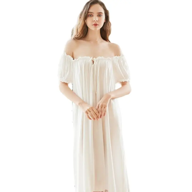 Hot Sale Womens Long White Pink Nightgown Short Sleeve Lounge Summer Nightdress Elegant Vintage Loose Sleepwear Nightwear Gown