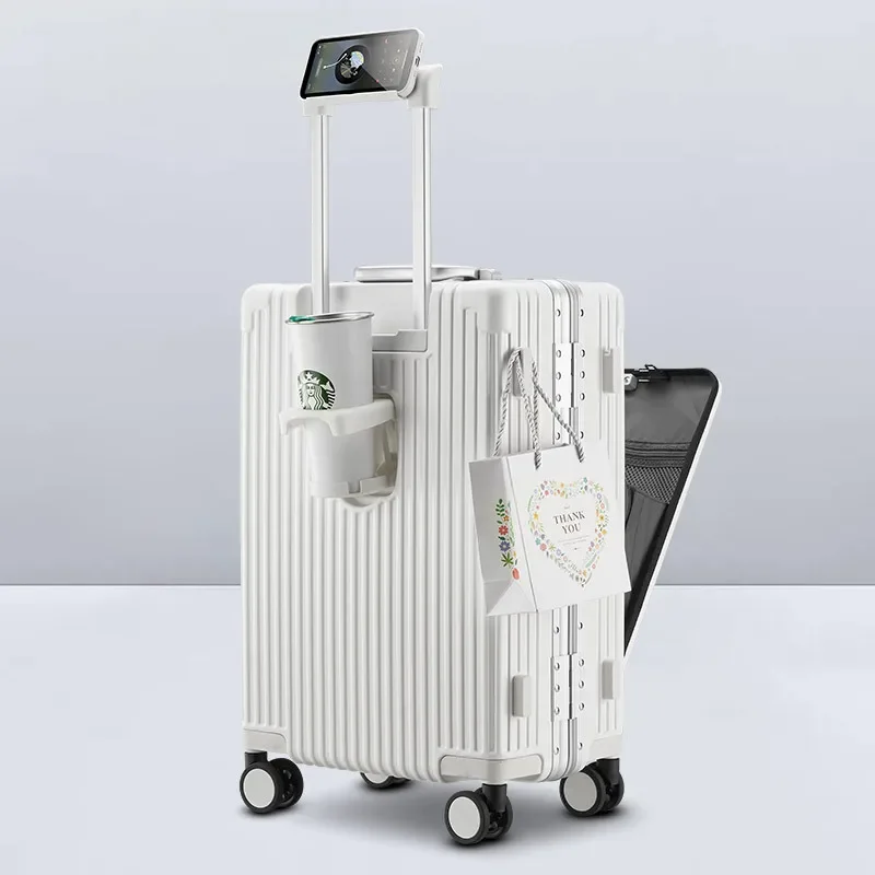 Luggage Multi-Function Travel Suitcase Aluminum Frame Pull Rod Case USB Charging Port with Folding Cup Holder Boarding Bag