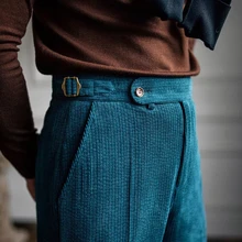  Trousers for Men Brown Navy Corduroy Tweed High Waist Casual Straight Pants England Style Formal Grooms Wedding Business Pants 