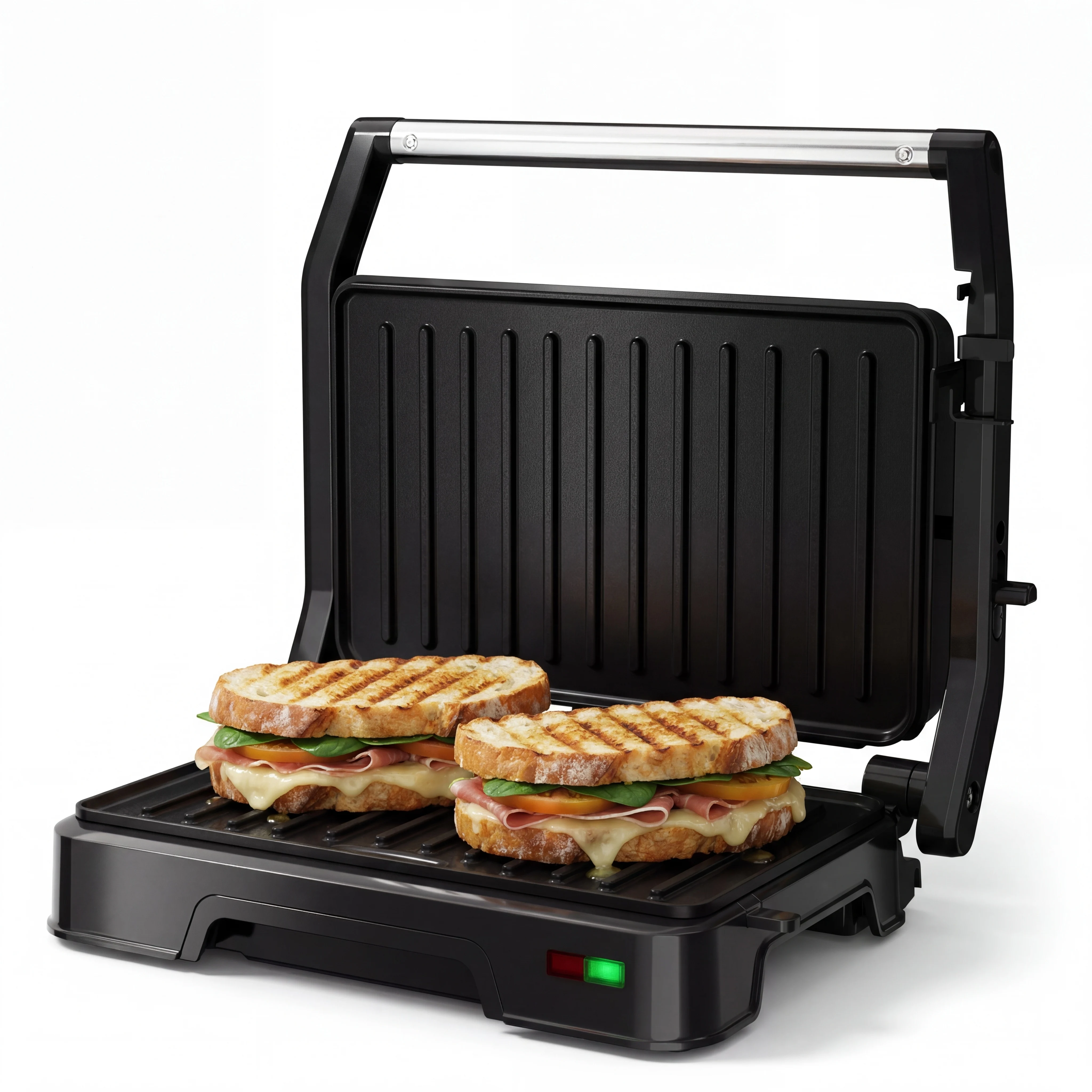 Panini Grill Press - 2-Slice, 180° Opening, Non-Stick Stainless Steel Plates for Versatile Grilling, Toasting, and Cooking, 900W 1