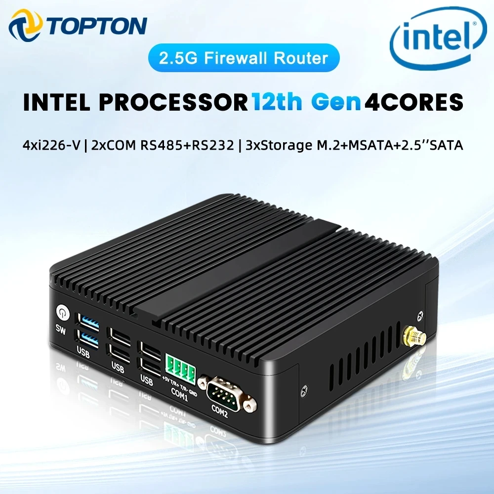 

12th Gen 2.5G Firewall Router Intel N100 J6426 4x i225-V LAN 2*COM RS485 RS232 Industrial Fanless Mini PC 2x4K OPNsense Proxmox