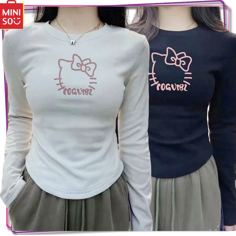 

New Miniso Sanrio Hello Kitty Women's Long Sleeved T-Shirt Y2K Printed Slim Fit Bottom Shirt Cute Girl Printed Top Clothing