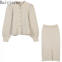 

2021Autumn and Winter New Women's round-Neck and Long-Sleeved Blouse Skirt Color-Contrast Check Jacquard Slim Fit Knitted Two-Pi