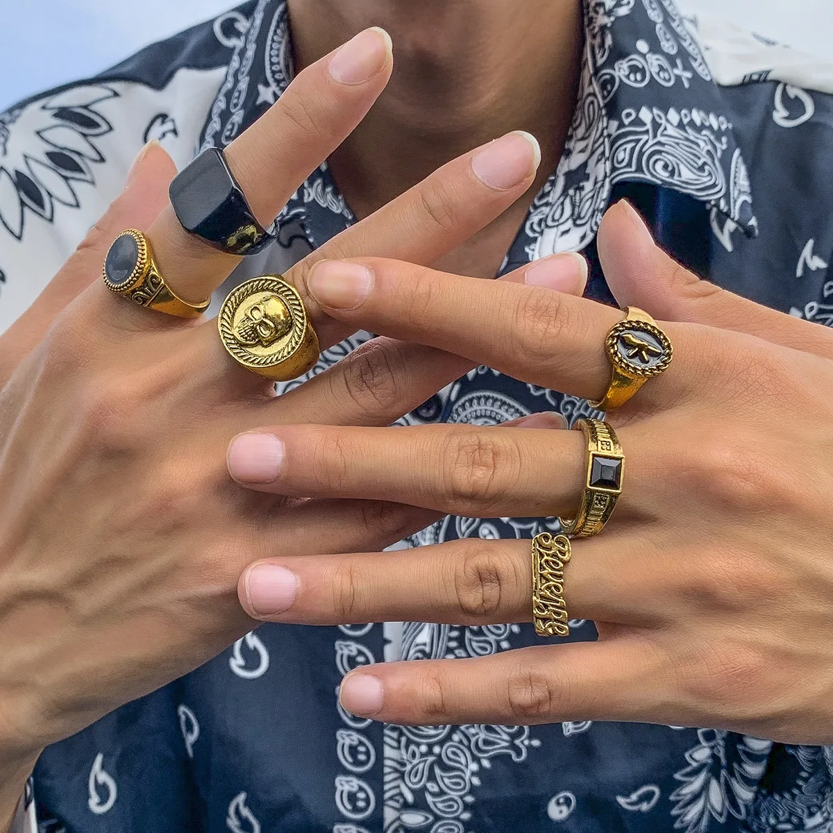 Unisex 6pcs Skull Ring Set Men Revenge Hip Hop Silver Rings