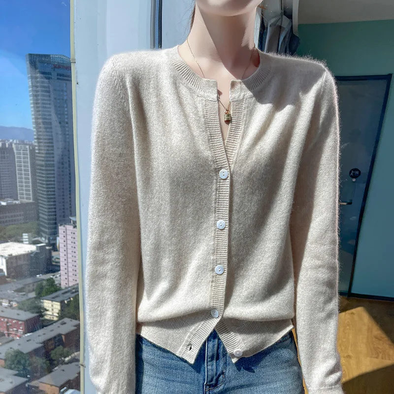 2024 new women's O-neck cardigan 100% pure cashmere women's knitted jacket long sleeved solid color cashmere sweater 4