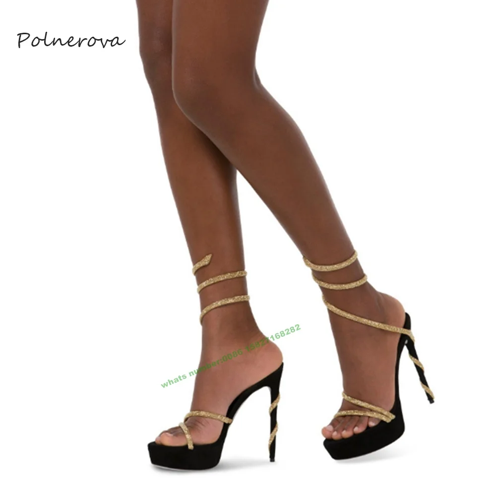 Pink Ankle Winding Strap Sandals Bling Solid Platform Stiletto Heel Sandals 2023 Summer One Strap Banquet Shoes for Women Sexy