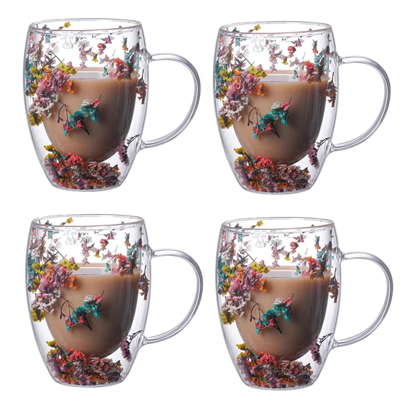 Set Di 2 Tazze In Vetro Borosilicato A Doppia Parete Con Fiore Immortale - Manico Termico - Rosa E Bianco Per Caffè E Tè - 3