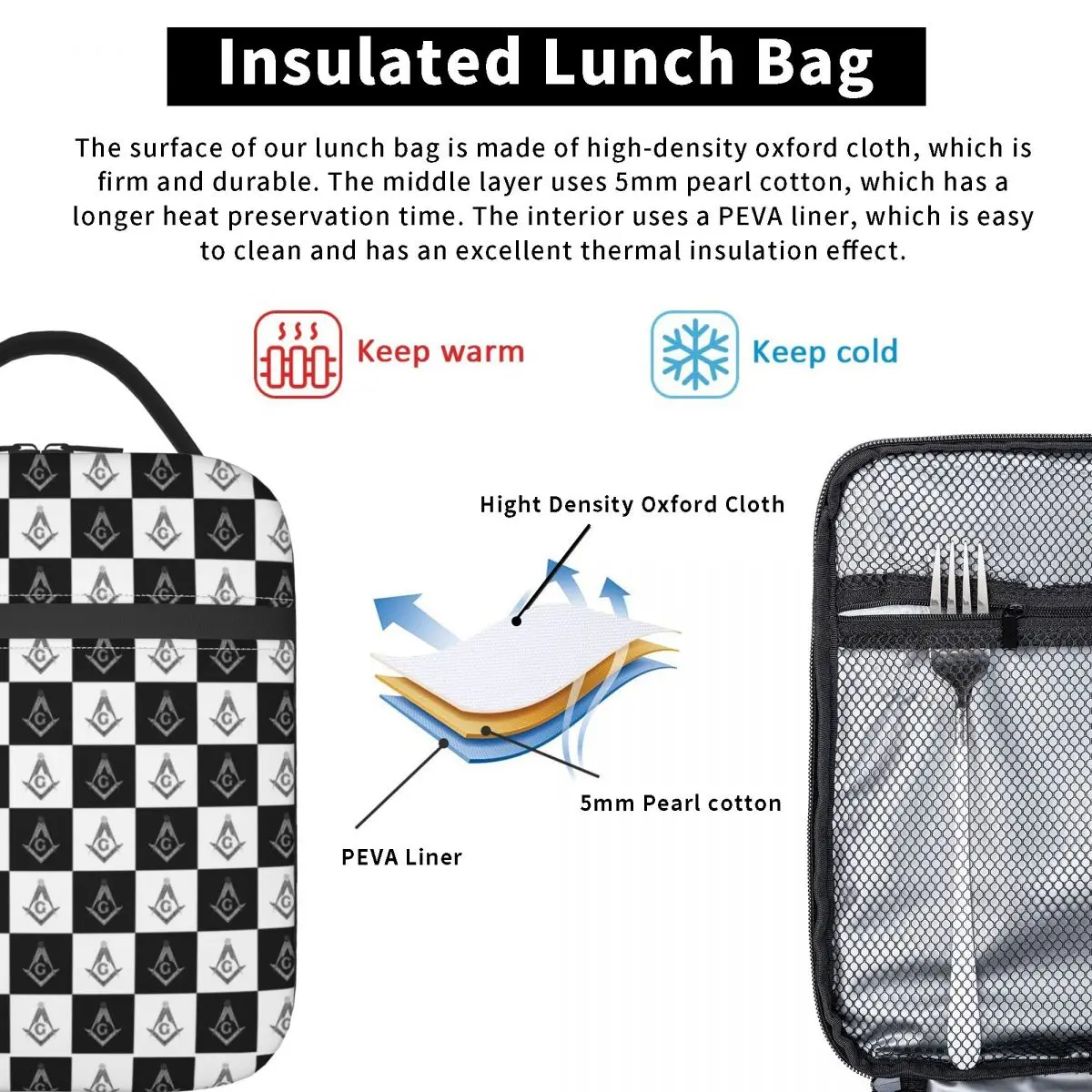 Freemason Checkered Pattern Insulated Lunch Bag for Women Resuable Mason Masonic Cooler Thermal Lunch Tote Beach Camping Travel