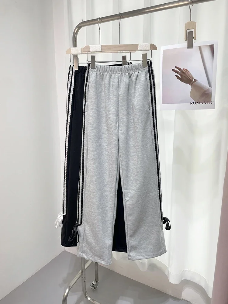 Women Stripe Sweatpants 2024 Spring Summer Bow Y2k Simple Casual High Waist Straight Wide Leg Trouser Female Sporting Trousers