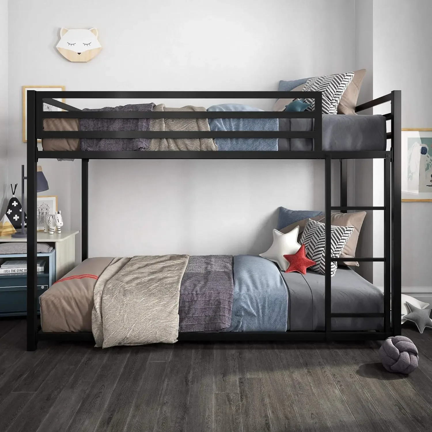 DHP Miles Low Metal Bunk Bed Frame for Kids, With Built-in Ladder, High Guardrail and Metal Slats, Floor Bed Bottom Bunk, No Box 2