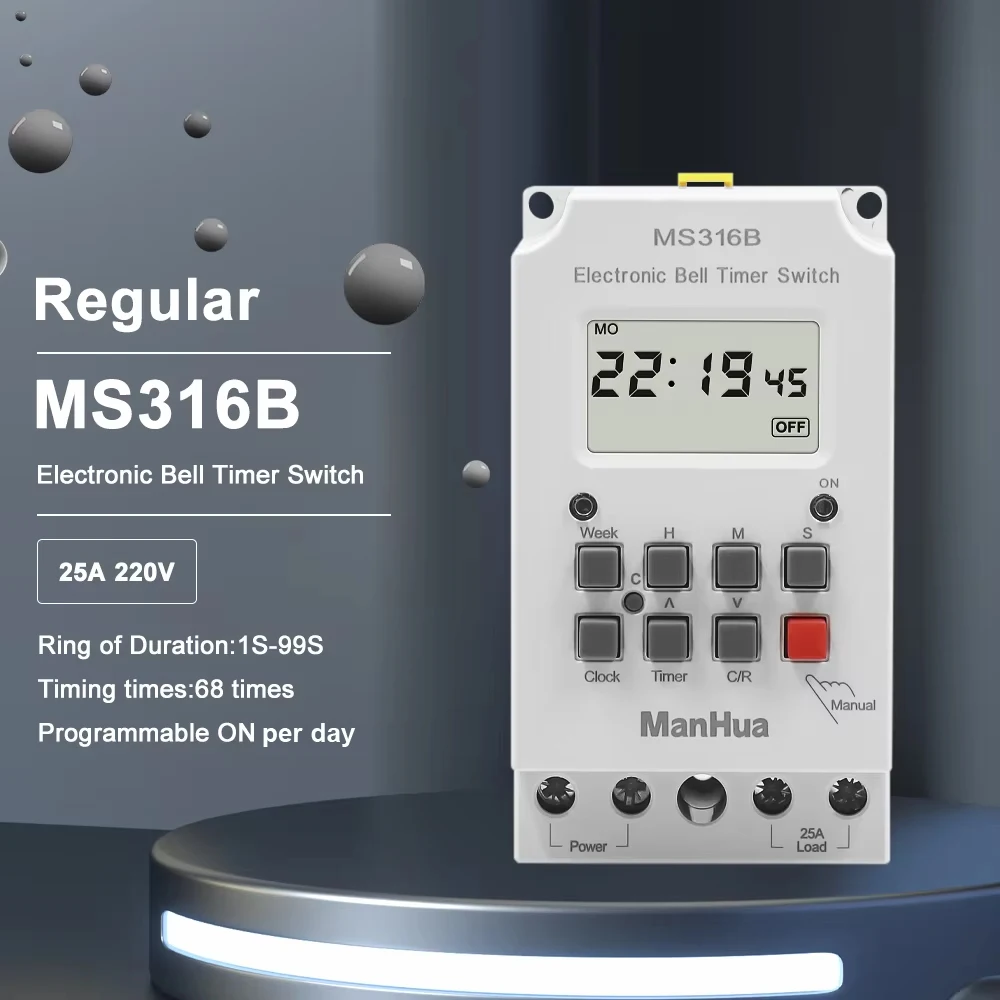 Manhua MS316B 220V 25A 68 ON Programmable Timer Switch School Bell Time Controller 6