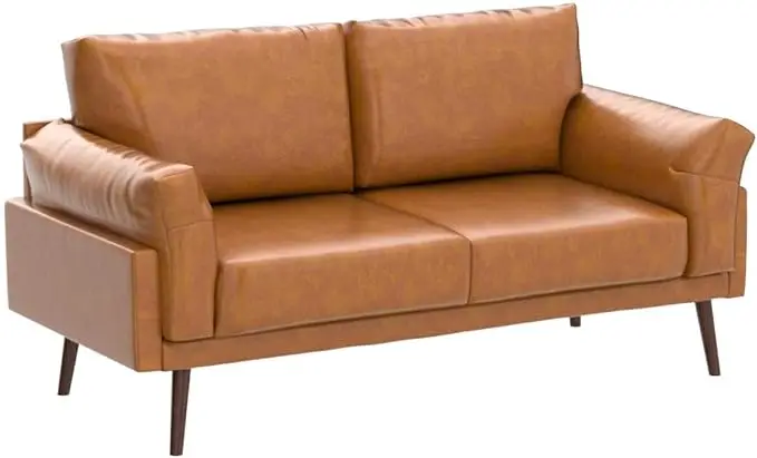 

59'' Faux Leather Loveseat Sofa for Small Space, 2 Seater Modern Sofa for Living Room,Small Couch for Bedroom,Apartment, Caramel
