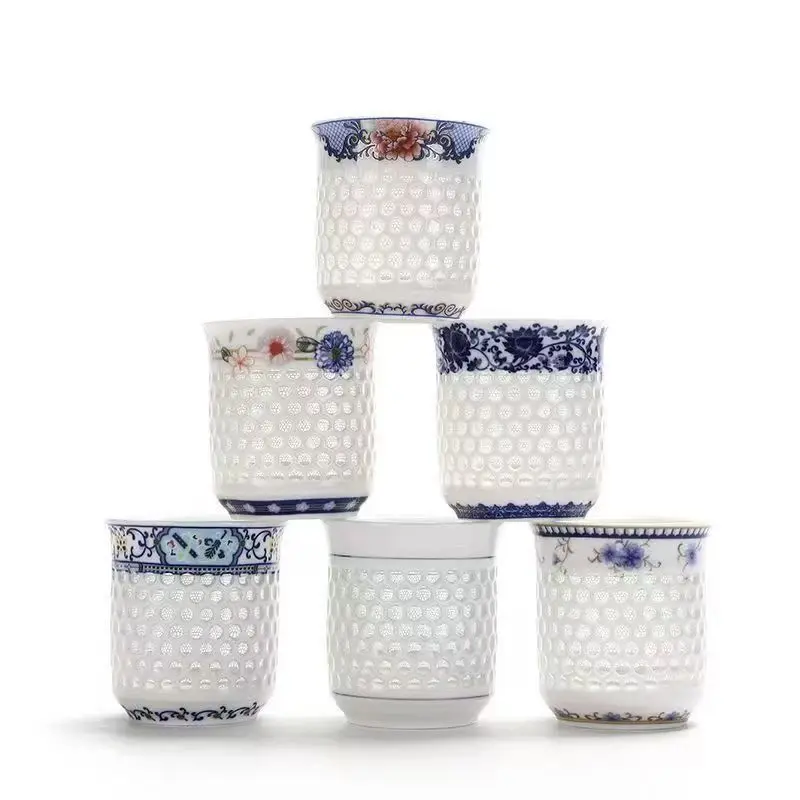 Tea Cup Glass Tea Set Crystal Hollow Tea Cup White Ceramic Teaware Blue Porcelain Teacup Kung Fu Tea Set Gifts Drinkware Water Cup Puer Bowl