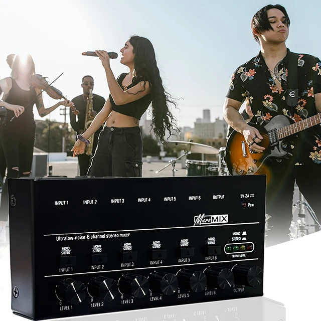 6-Channel Audio Mixer With 7 Adapters - Portable Stereo Line Mixer For Mics, Instruments & Devices