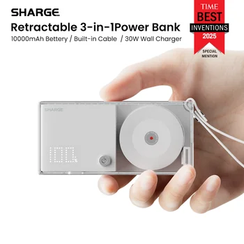 SHARGE 3-in-1 Portable Power Bank 30W USB-C Charger with USB-C Cable 10,000mAh AC Plug Max Battery Pack for iPhone 16/15 Galaxy 1