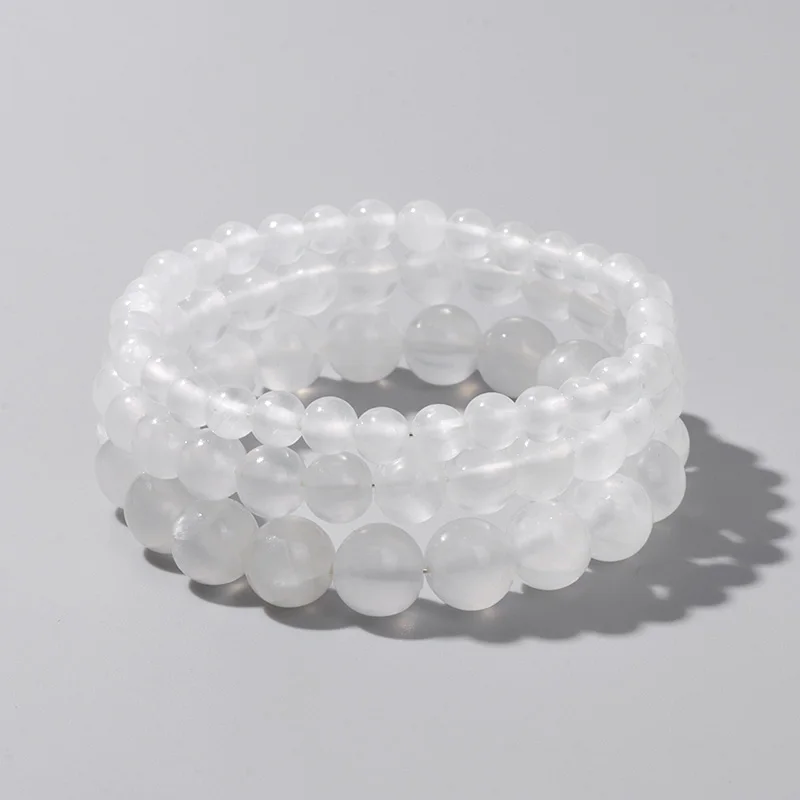 100% Natural Plaster Selenite Bracelet 6/8/10 mm Round White Fine AAA Stone Beads Bracelet Mineral Cat Eye Yoga Balance Jewelry