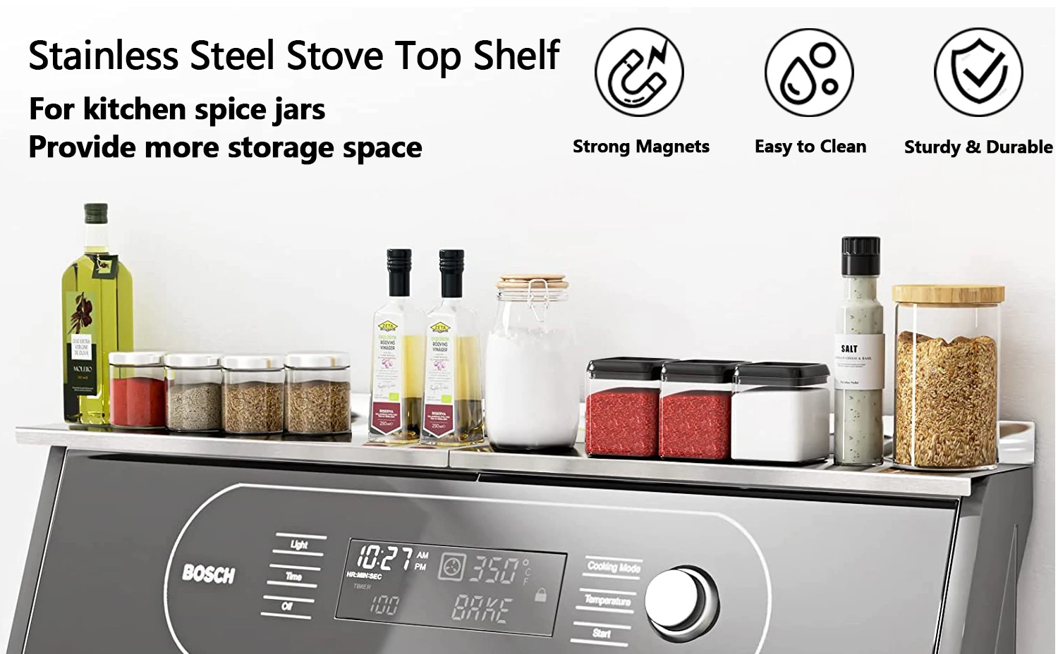 Stainless Steel Shelf for Stove Top, Magnetic Shelf Over the Stove, Spice Rack, Kitchen Organizer Equipped with Nano Tape 2