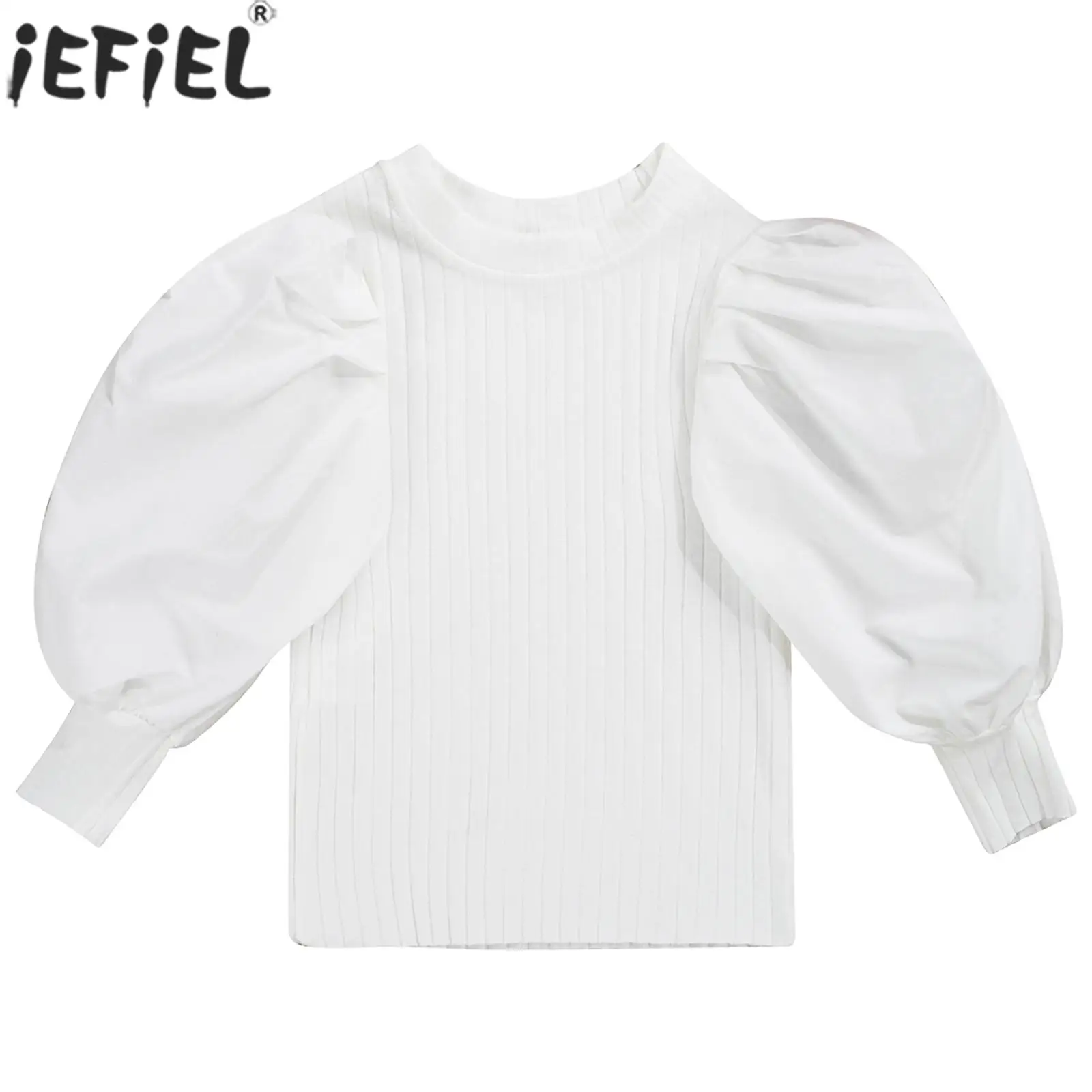 

Baby Girls Fashion Casual T-shirts Outerwear Long Puff Sleeve Striped Solid Knitted Pullover Top Tees Loungewear Daily Wear