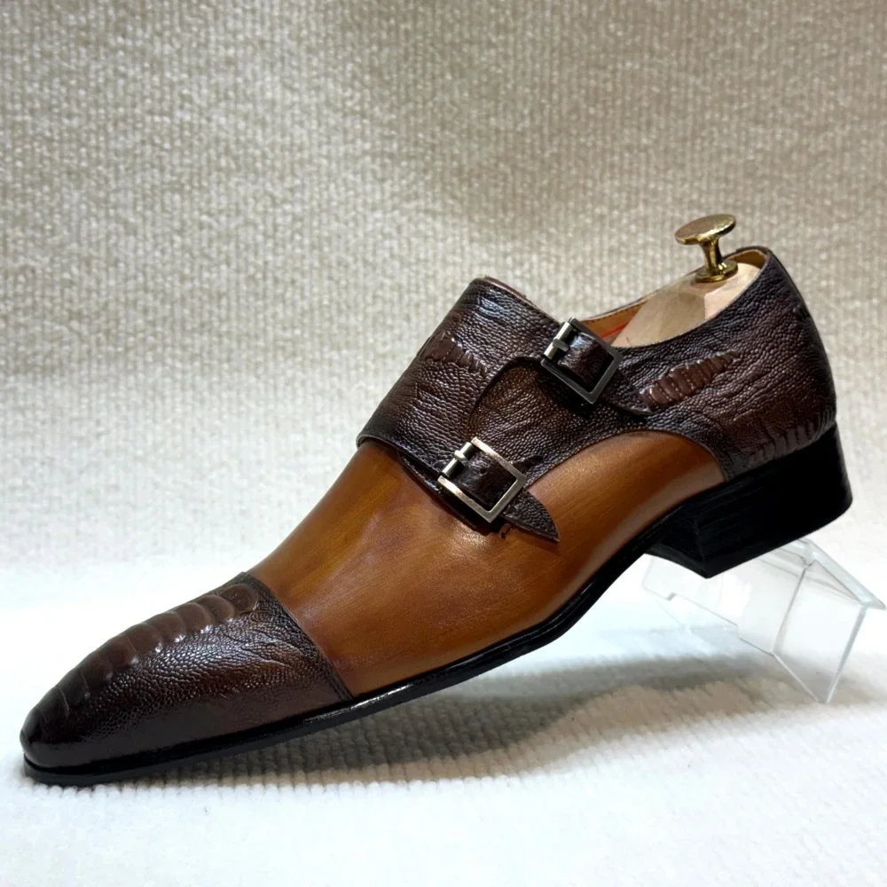 Men's Handmade Monk Shoes Double Buckle Genuine Cow Leather Wedding Business Formal Footwear