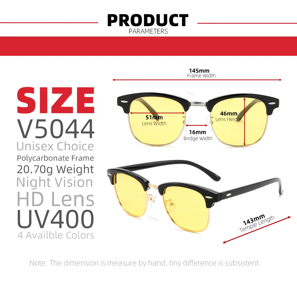 VIVIBEE Semi-Rimless Night Vision Glasses for Driving Men Yellow Polarized Lens Goggles Classic Square Driving Women Eyeglasses Night Vision Glasses