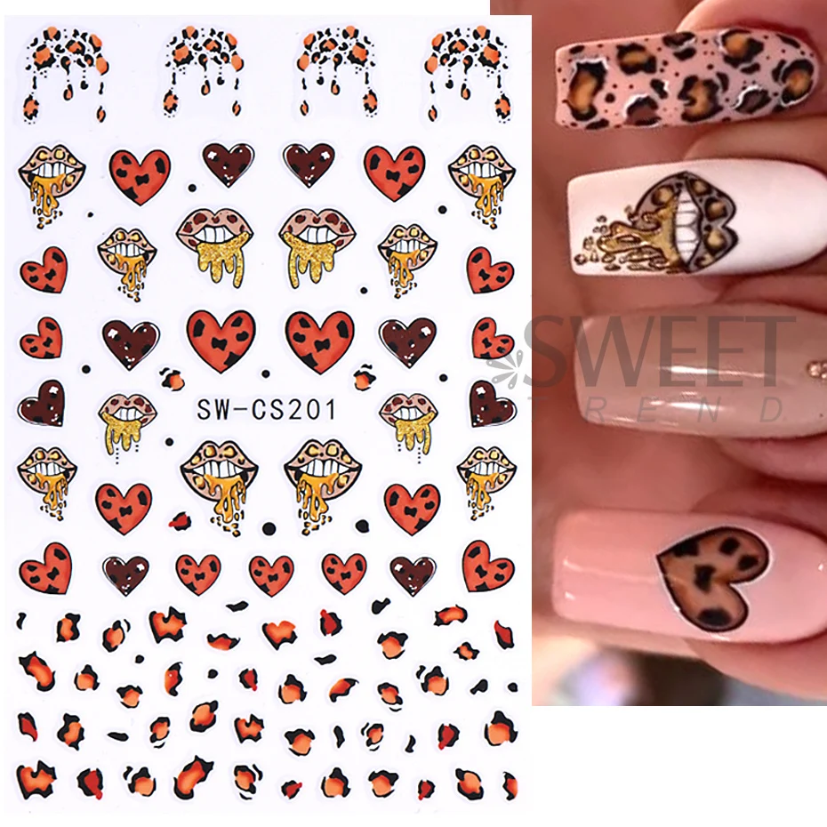3D Sexy Lips Nail Stickers Leopard Print Love Heart Letter Pink Rose Red Lips Valentines Manicure DIY Romantic Nail Decoration 3