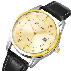 Luxury Men's Quartz Wristwatch with Leather Strap - Elegant Business Fashion Timepiece (449 Black Gold)