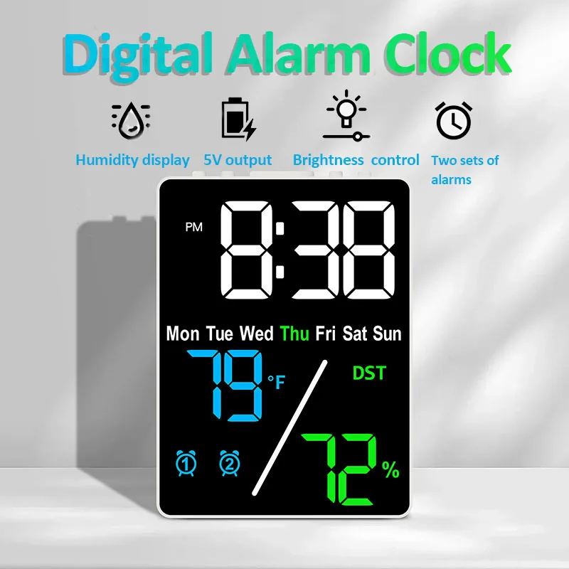 Digital Alarm Clock Multifunctional Large Screen Humidity Display Brightness Adjustment Charging Desktop Clock Home Office Decor