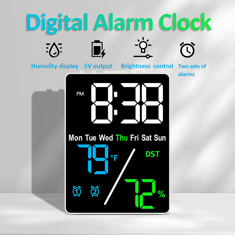 Multifunctional Large Screen Digital Alarm Clock Humidity Display Brightness Adjustment Charging Desktop Clock Home Office Decor