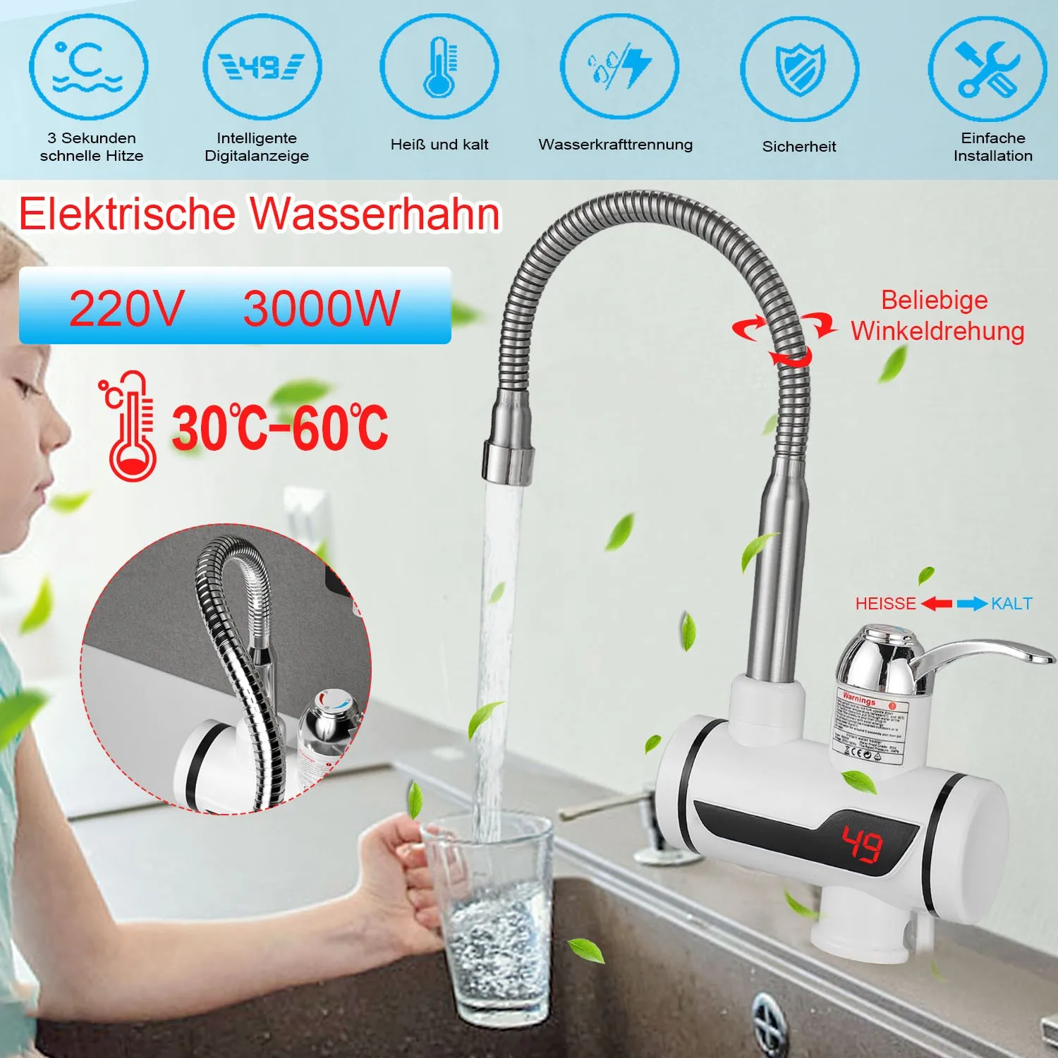 3000W Électrique Instantané Chauffe Eau Robinet 360 ° Rotatif Électrique  Eau Chaude / Froide Robinet Sans Réservoir Chauffage Salle De Bains Cuisine  Robinet Du 71,46 €