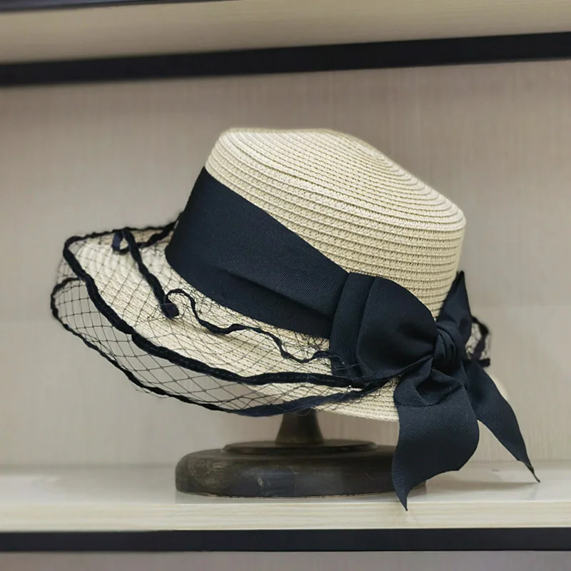 

New Japanese Flat Top Fedora Hats For Women Fashion Mesh Lace Straw Hat Ladies Straw Hat Caps Elegant Wedding Party Casual Caps