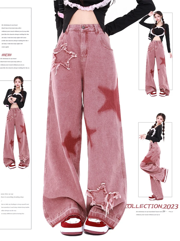 Women\'s Vintage Red Wide Leg Star Jeans 90s Fashion Aesthetic Denim Trousers Harajuku 2000s High Waist Baggy Jeans Pants Clothes