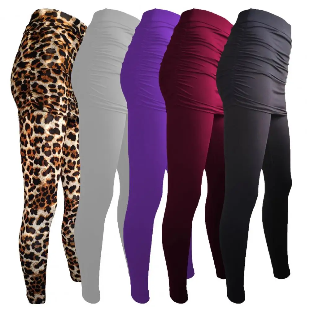 

Fake Two Piece Leggings Pants Slim Leggings Women Pants Pack Hip Pleated Skirt Ladies Solid Color Bag Hip Side Trousers S-XXXL