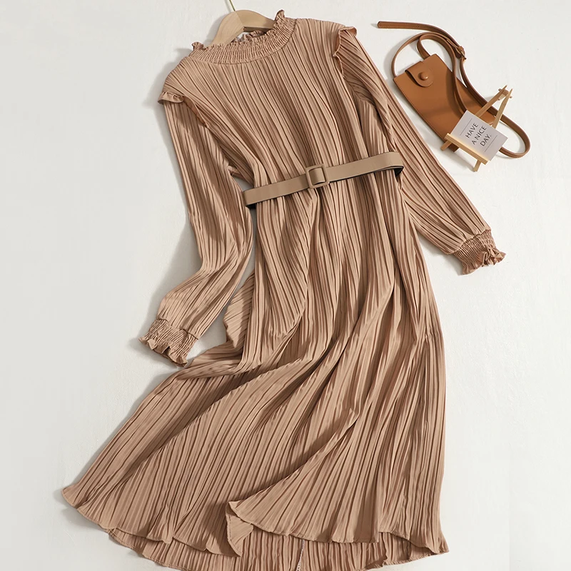 

Stand Collar Pleated Women Dresses Spring Autumn Long Sleeve Solid Vestidos Elegant Korean Fashion Retro Robe Femme