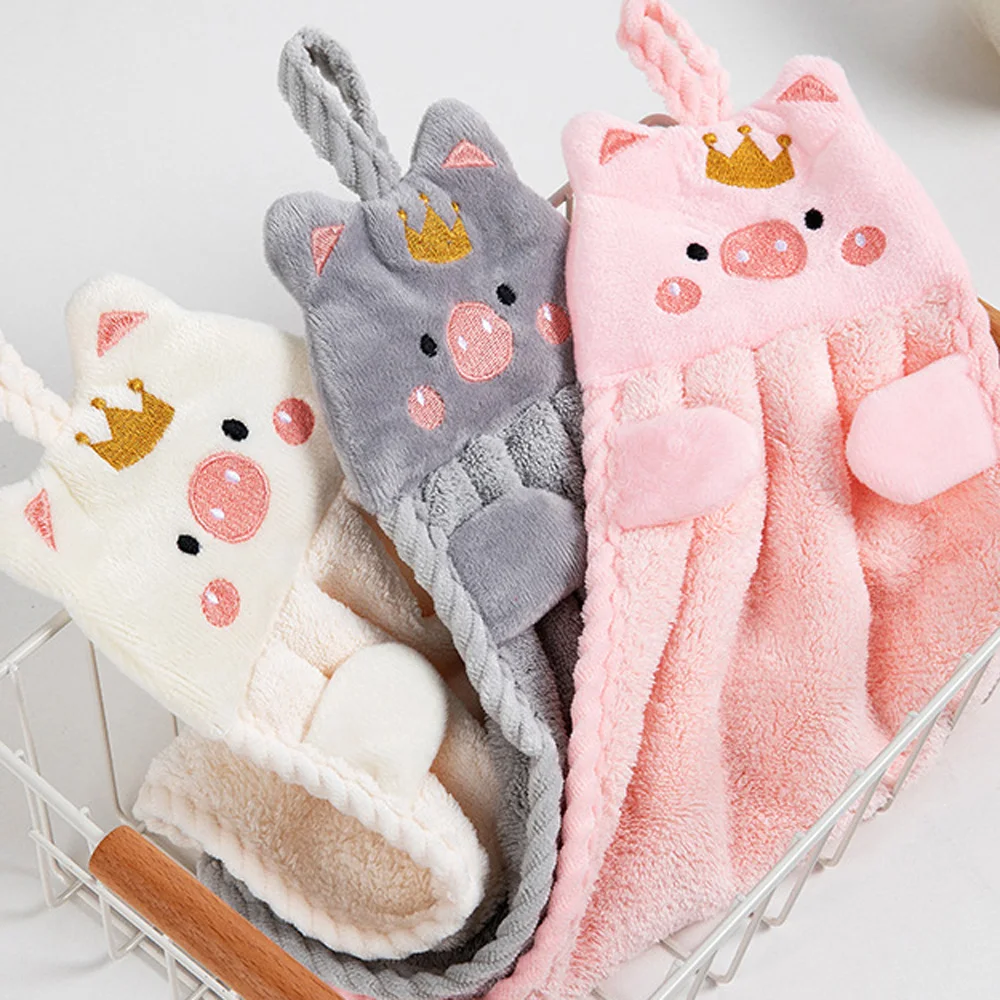 Kawaii Piggy Hand Towel Hangable Absorbent Hand Wiping Cloth Cartoon Crown Porket Soft Towel Kitchen Bathroom Supplies 1Pcs hand towels pocket towels