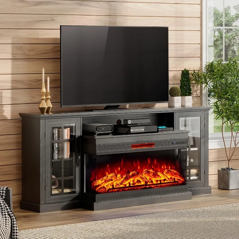 Glass Fireplace TV Stand for TVs up to 65'' with 12 Color,Media Entertainment Center Console Table with Doors Closed Storage 2