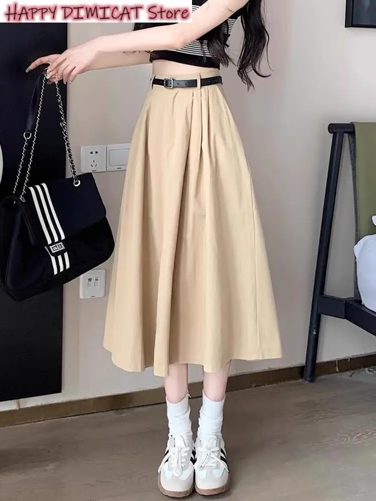 

Woman Skirt Hight Waist Pleated Anime Preppy Zipper Retro A-line Lady Skirts Autumn Female Belt Slim Cargo Midi Clothes
