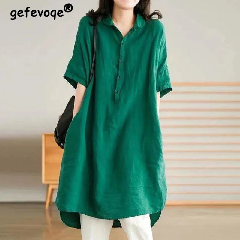 

Summer New Solid Color Cotton Linen Loose Casual Shirt Women Short Sleeve Oversized Aesthetic Tops Women All Match Femme Clothes