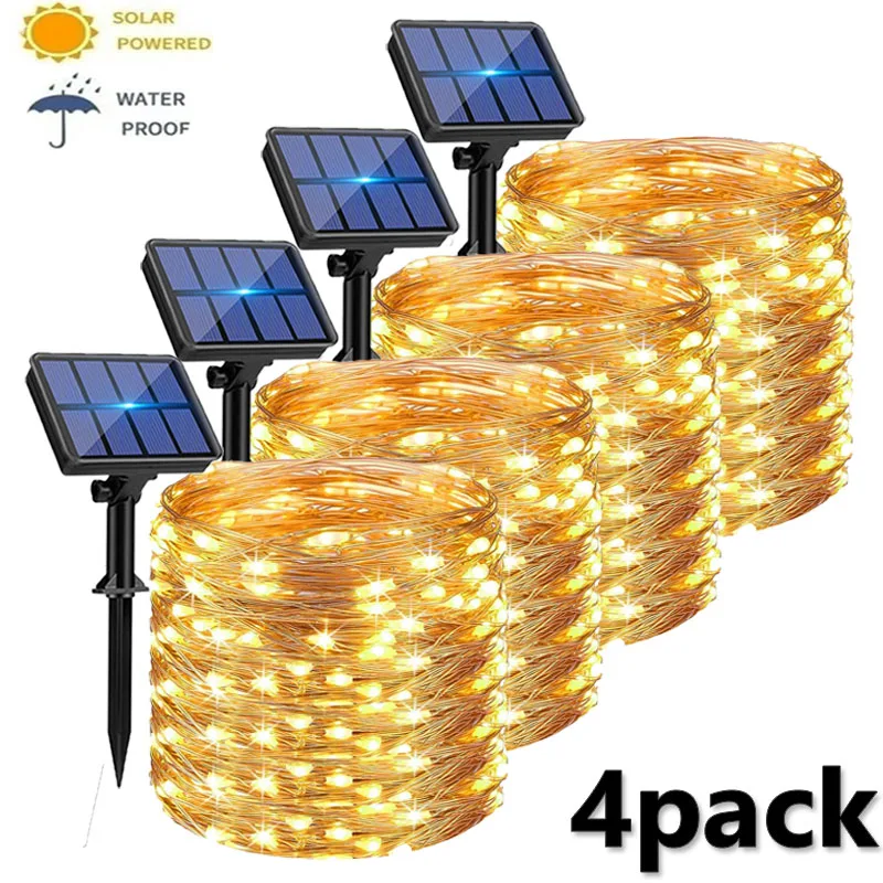 4-Pack Solar-Powered Outdoor Waterproof Fairy String Lights – 8 Lighting Modes for Tree, Garden, and Patio Decor