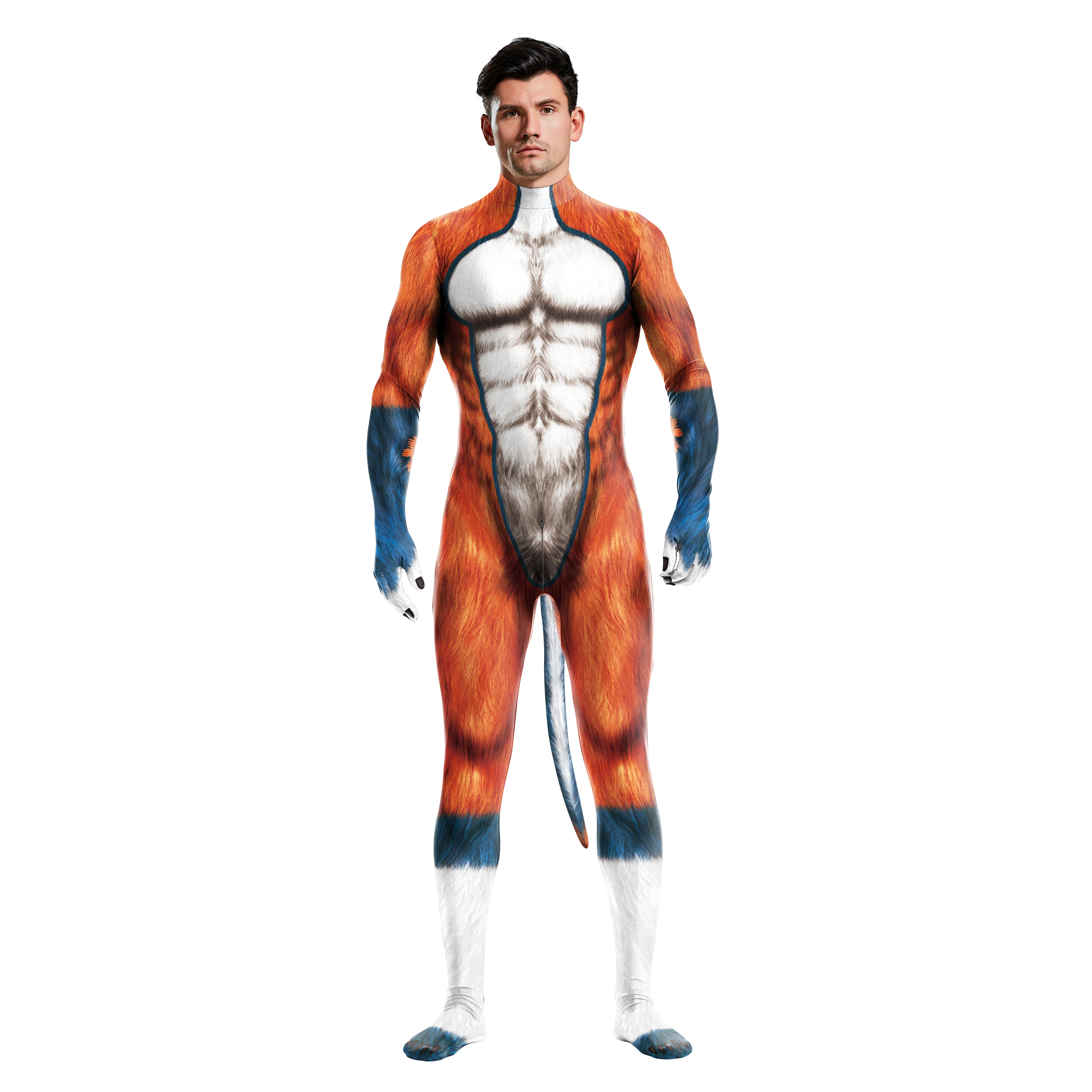 Men 3D Crocodile Texture Printed Animal Cosplay Costume Bodysuit with Tail Crotch Zipper Jumpsuits Catsuit Zentai Suits adult unitard cosplay costume