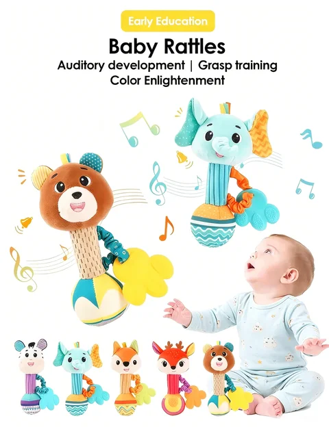 Hochets pour bébé, Animal en peluche doux, poignée à main, jouets pour bébé, Shaker froissé, grinçant, jouets apaisants sensoriels, cadeaux pour tout-petits 1
