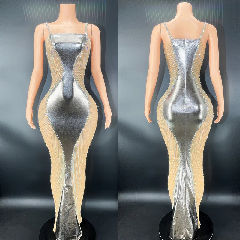 

Sexy Hourglass Diamond Chain Long Dress Stage Catwalk Party Evening Dresses Birthday Celebrate Costume Jazz Rave Outfit XS4844