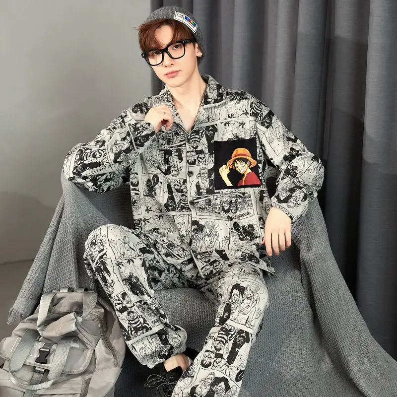 Men Spring Autumn Pajamas 2024 New Long-Sleeved Cardigan Pure Cotton Cartoon Youth Nightclothes Suit Casual Large Size Homewear