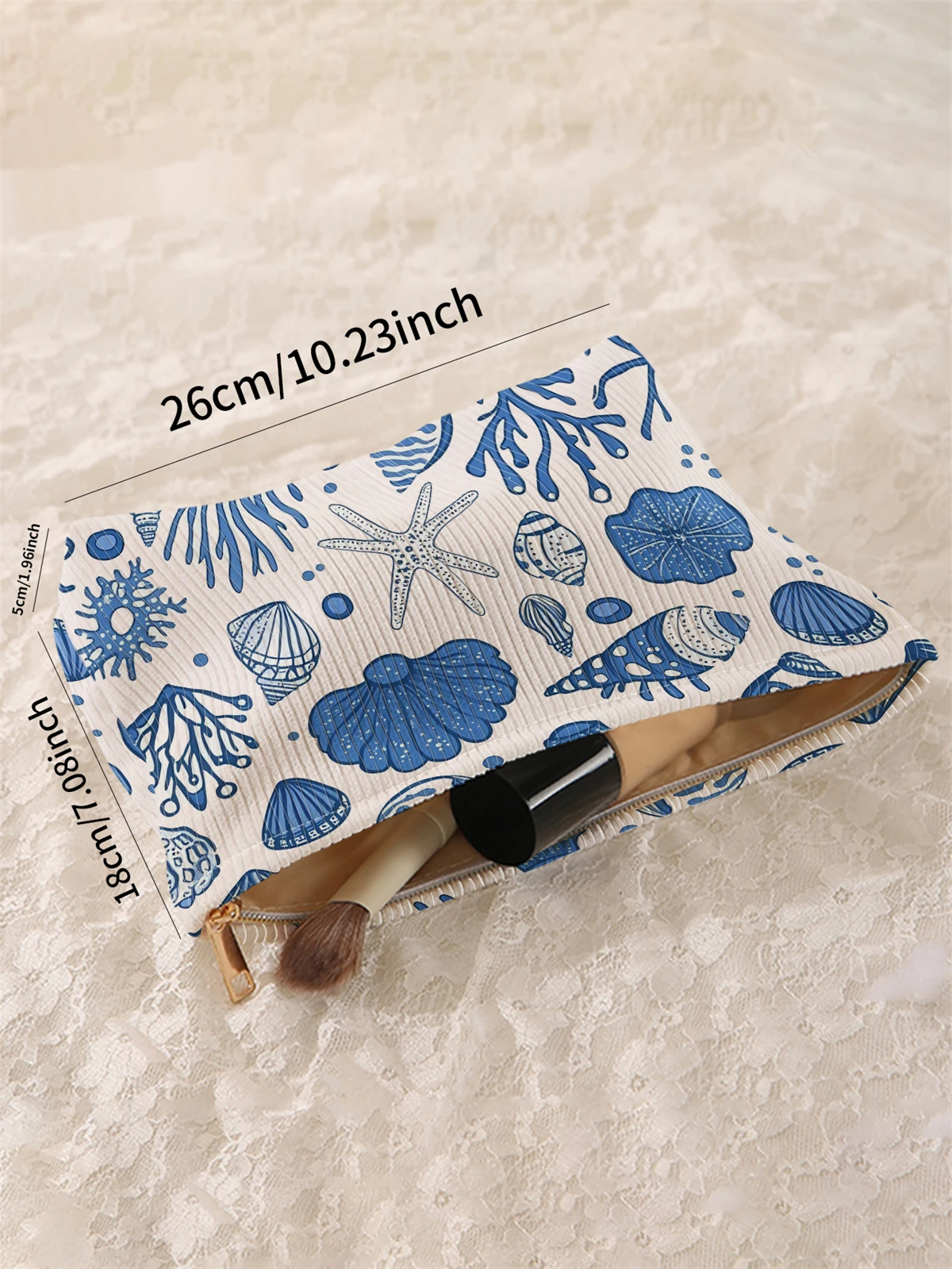 Ocean shell patterned corduroy makeup bag, lightweight zipper makeup storage box, multifunctional bag with lining