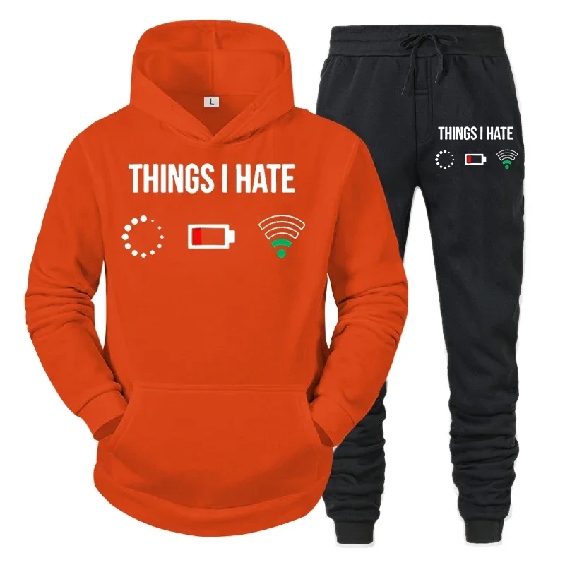 thumbnail image 1 of Conjunto de ropa deportiva hippie para hombre, sudadera con capucha y pantalón con estampado de "Cosas que odio", "Batería baja", "Sin red", 2 piezas, chándales divertidos de moda para hombre, 1 of 5
