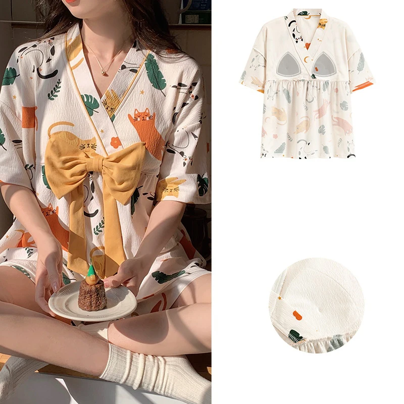 Spring New Women's Pajamas Set V Neck Pajamas Short Sleeve Shorts Cotton Thin Girl Wide Summer Season Song Home Furnishing
